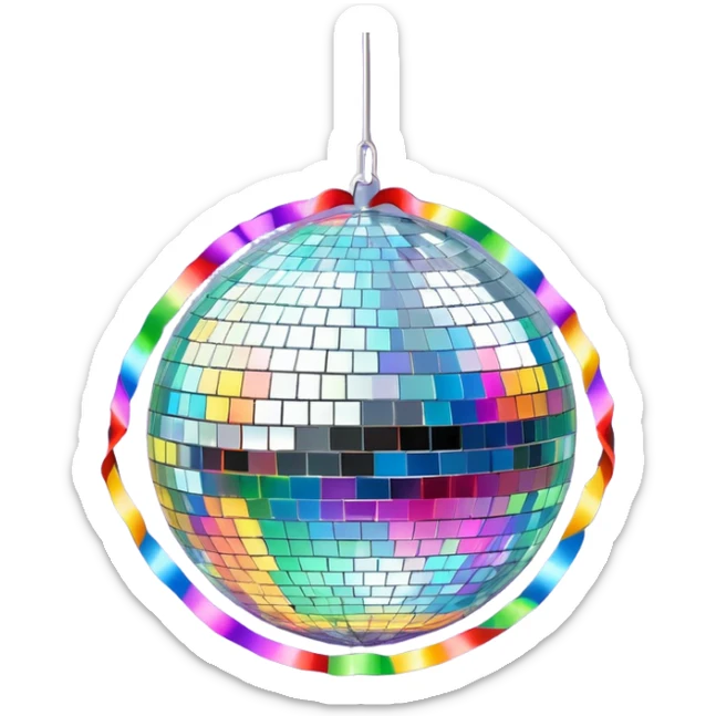 emoji: shiny disco ball with salesmail logo and streamers for New Year's sticker