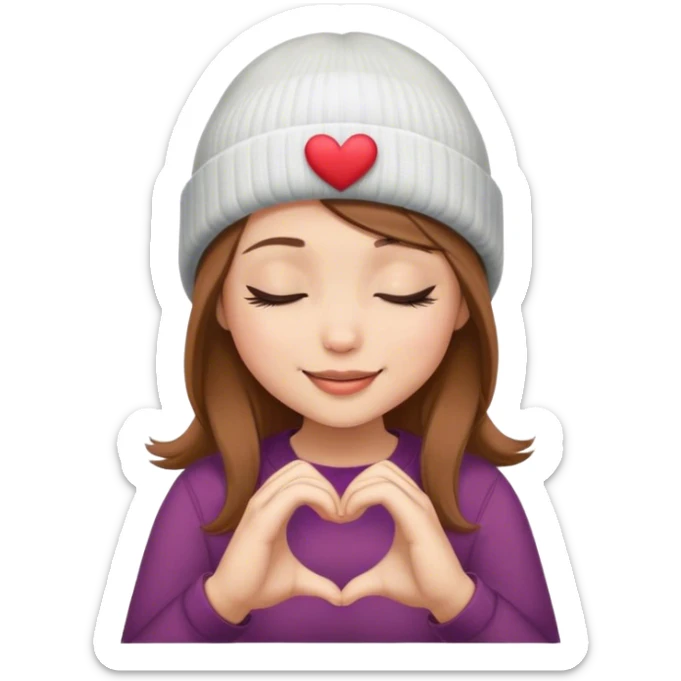 brown hair girl closed eyes stylish in a beanie hat smiling making heart from her hands  sticker