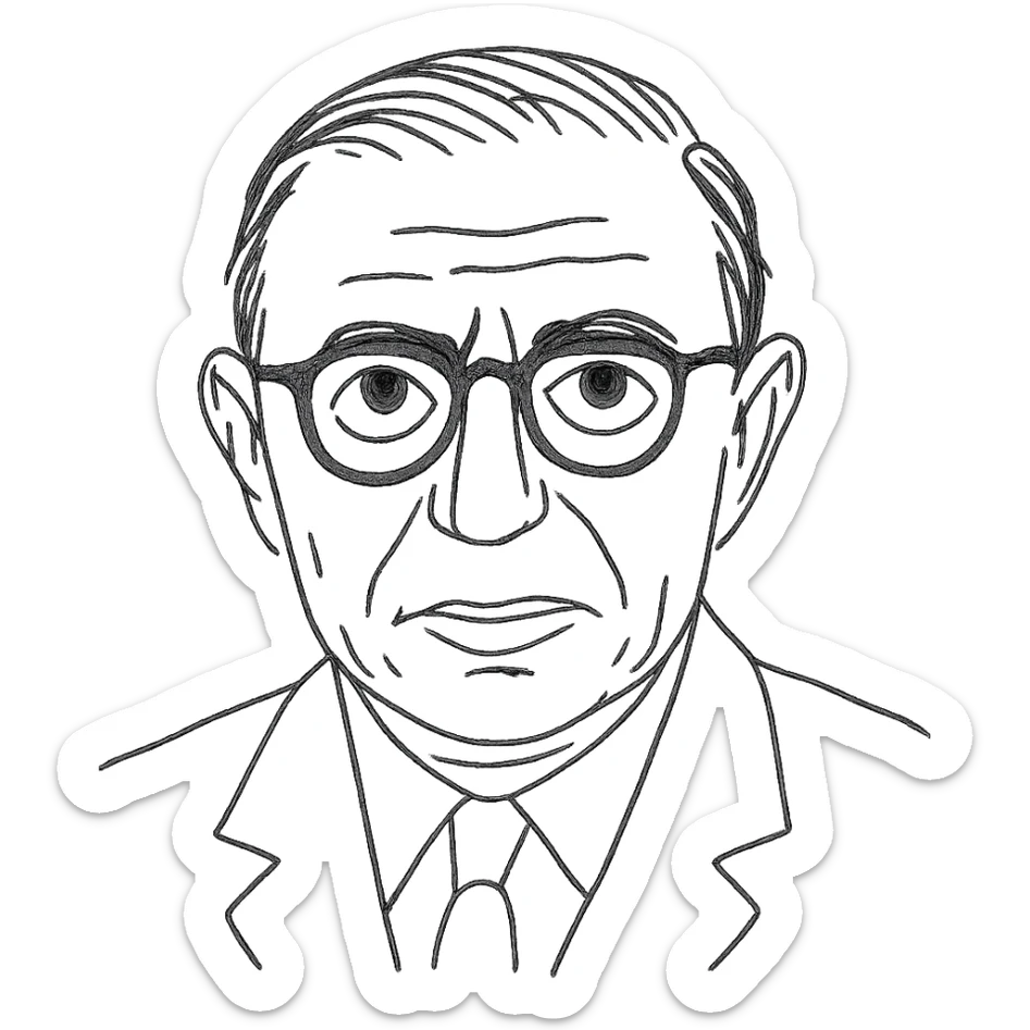 a hand drawn black outline portrait of Jean-Paul Sartre with similar-sized eyes based a famous portrait of him sticker