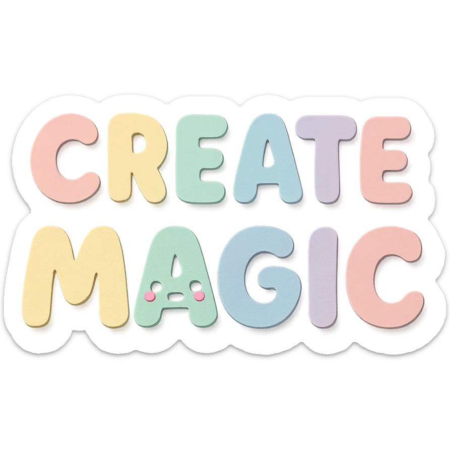 "Create Magic" in soft pastel rainbow chubby rounded letters, cute kawaii style, no frame, transparent background sticker