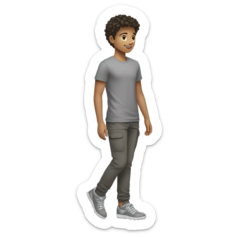 Teenager with gray sneakers, black cargo pants, gray T-shirt, brunette curtain hairstyle, light skin sticker