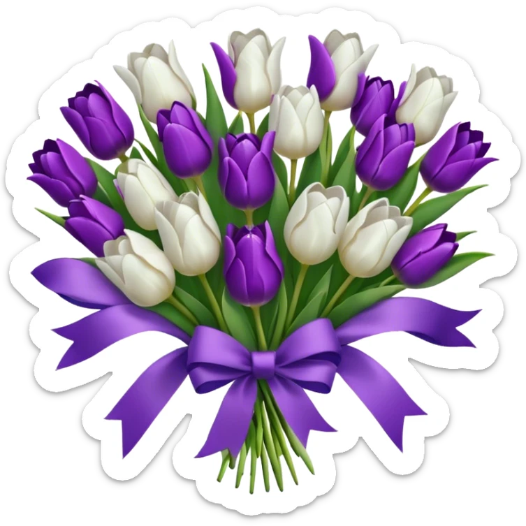 Create a set of emojis for a flower shop featuring white and purple Dutch tulips. Convey an atmosphere of delicacy, elegance, and a spring mood. Include a combination of tulips, bouquets, ribbons, hearts, and details that emphasize the shop’s premium and sophisticated style. sticker