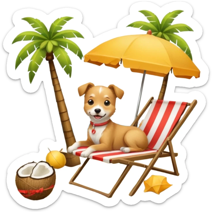a dog laied on a beach chair, a sunny beach, a sun umbrella, and beach coconut trees. the icon should capture the essence of a relaxing beach vacation with a carefree atmosphere sticker