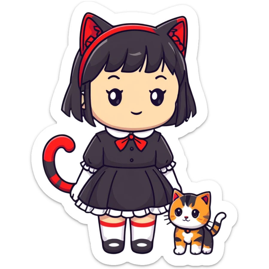 girl with black Lolita dress and black hair with red tips next to an American Shorthair tabby cat sticker