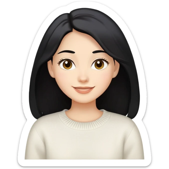 A woman with longer black hair, light to medium skin tone, full cheeks, and almond-shaped eyes, wearing a simple white sweater, joyful and radiant expression, cheerful. sticker