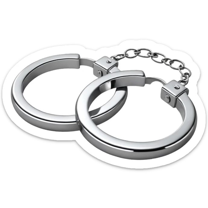 A pair of elegant handcuffs emoji made of silver chrome, smooth rounded design, glossy metallic reflections, luxury fetish aesthetic, minimal iOS emoji style, centered, clean white background sticker