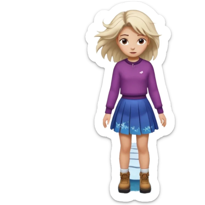 fai l'immagine di una ragazza su un lago ghiacciato che si sta incrinando sotto i suoi piedi, lei guarda giù sussultando terrorizzata falle la gonna sticker