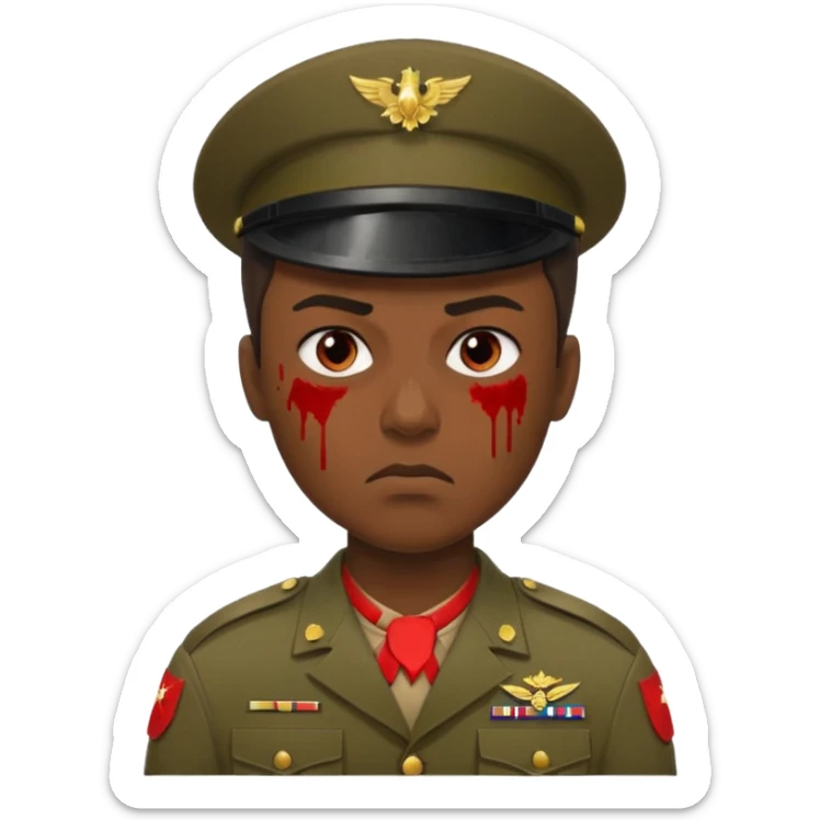 soldier, very dark skin tone, scowling, blood splatter on left cheek sticker