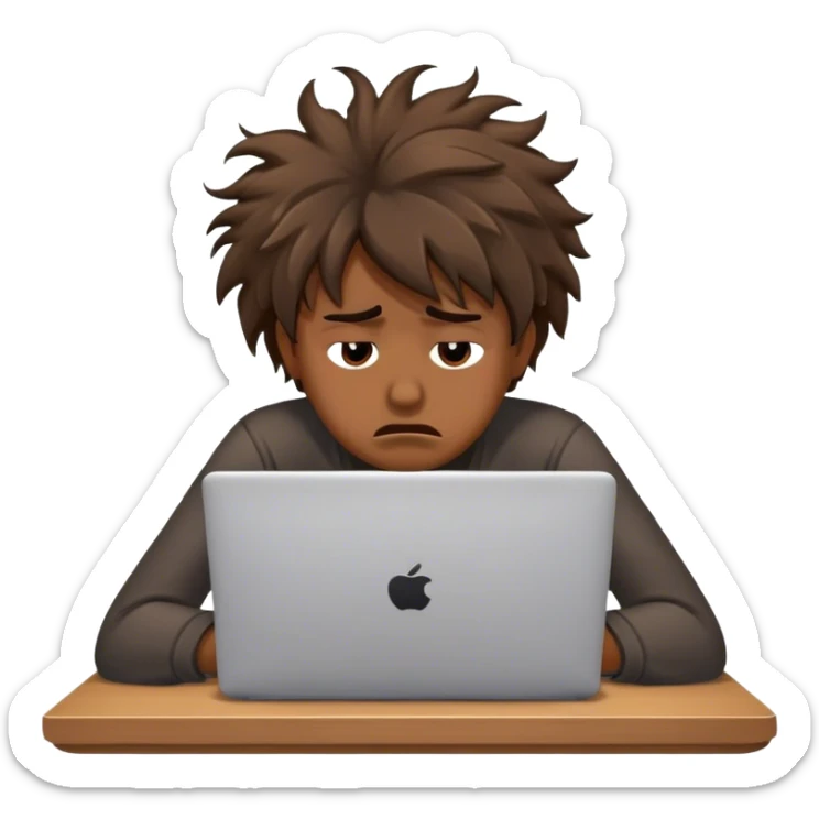 Create an emoji of a tired person sitting at a laptop, looking exhausted and frustrated. They have slouched posture and messy hair, representing overwork and burnout. sticker