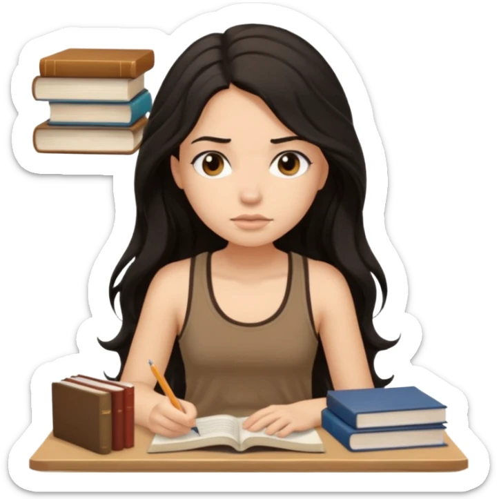 a pretty bratz light dusky girl with long wavy black hair in a brown tank top studying and lookinh tired with stacks of books and papers sticker