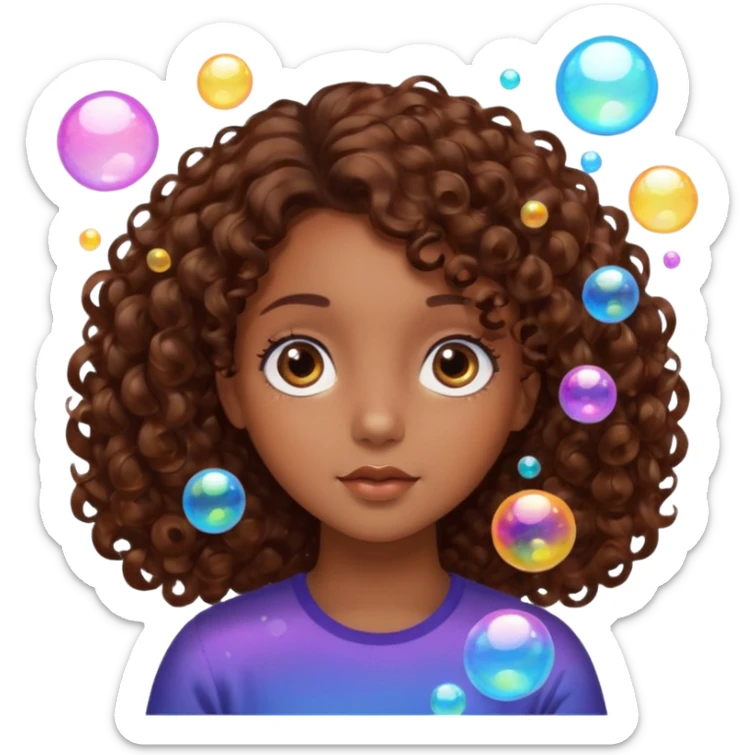 girl with brown curly hair in a side part with big brown eyes looking off to the side with bubbles on both sides of her sticker
