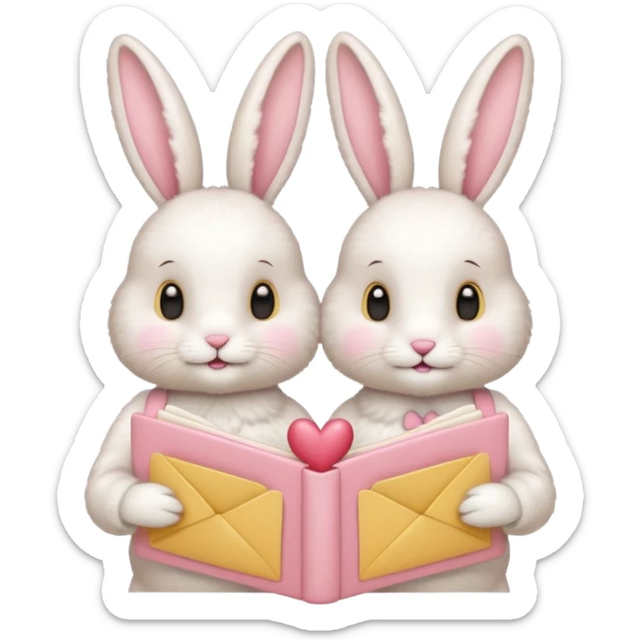 Two bunnies holding one Valentine card in soft pink, beige and yellow pastel colors sticker