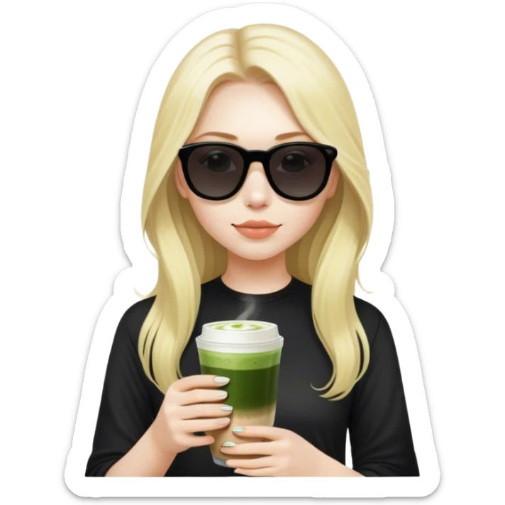 Blonde girl with pale skin and long hair with black sunglasses in black shirt and matcha latte sticker
