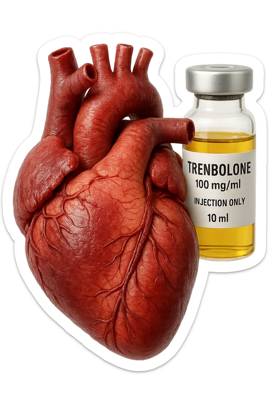 cuore umano anatomico con FIala MEDICa DI Trenbolone che gli FLUTTUA dietro, iperrealistico 4k, isolato su sfondo bianco, iperrealistico 4k, isolato su sfondo bianco sticker