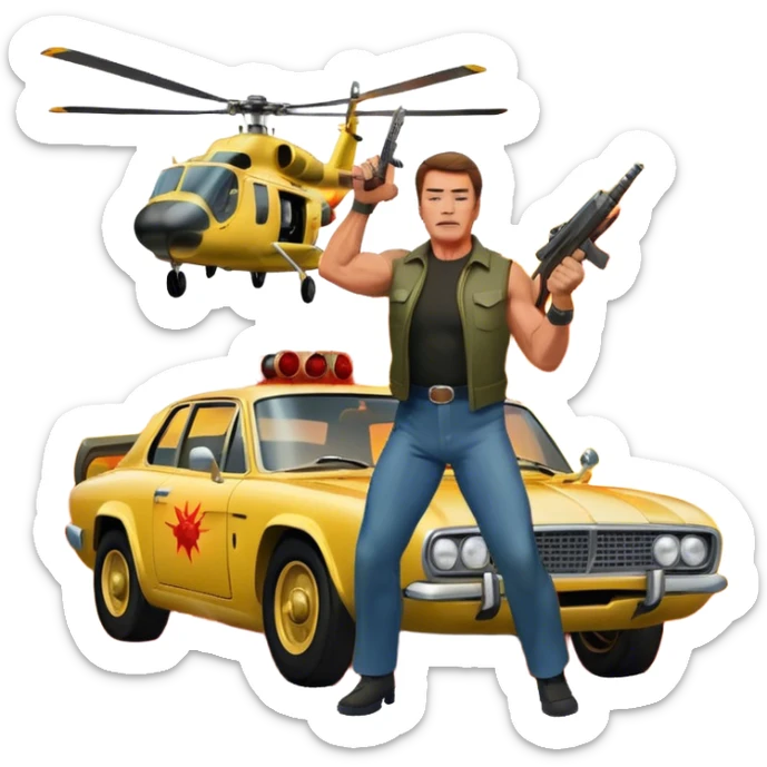 Icon for Action Movies: Arnold Schwarzenegger in the lead role, in an intense action pose with weapons, explosions, a car and helicopter flying out of flames in the background. The design should capture the explosive energy and heroism of classic action films. Transparent background. sticker