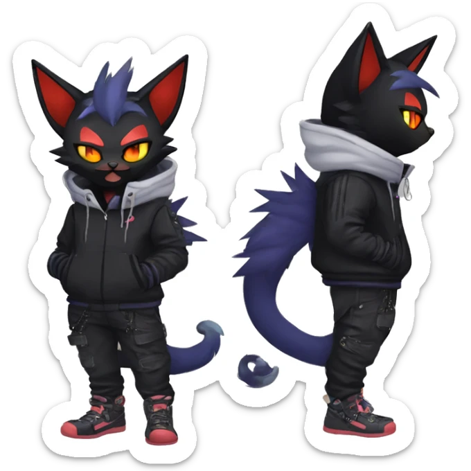 Cool Anthro Black Noibat-Quilava-Litten-Pokémon with edgy stripes hoodie spiked collar punk Full Body sticker