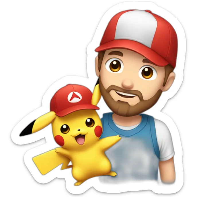 white man with brown hair and beard and a red cap, holding and a pikachu pokemon sticker