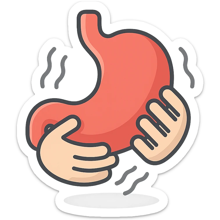 stomach with pain, hands holding stomach, waves of pain, 2d isometric style, shadows and highlights, no face or legs, transparent background sticker