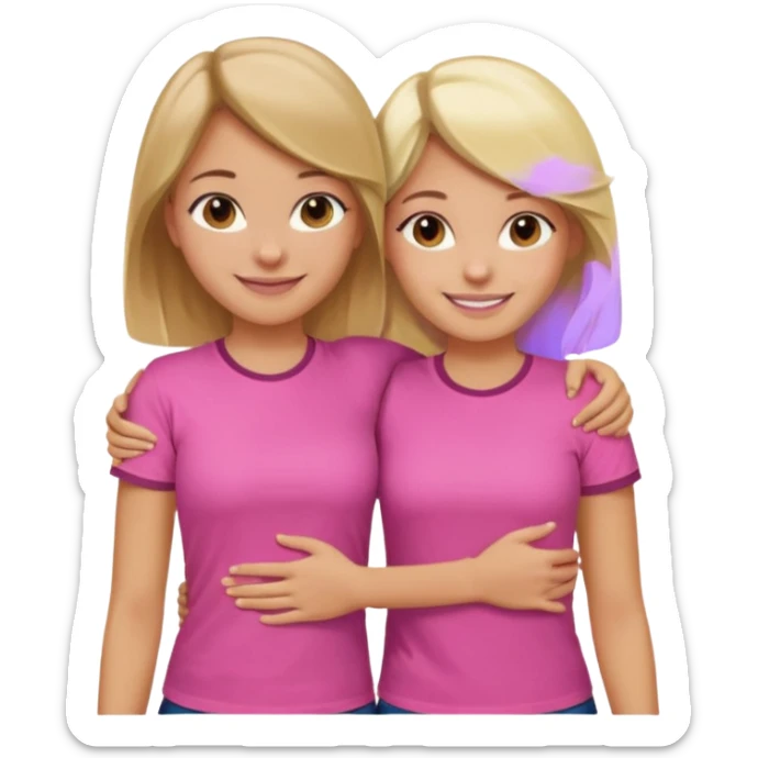 Two Girls with their arms around each other at summer camp one blonde one brown hair wearing pink shirt smiling  sticker