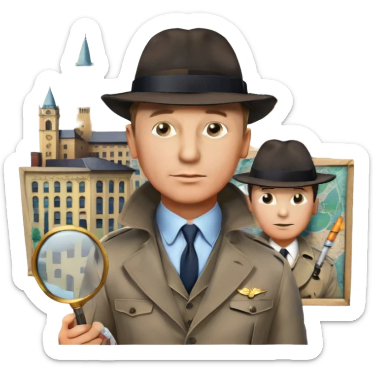 Icon for Detective Movies: A colorful collage featuring Daniel Craig as an inspector, with a magnifying glass, fedora hat, cigarette, and a mysterious city backdrop. Include a board with photos of suspects, fingerprints, and a crime scene. Retro movie poster style. Transparent background. sticker