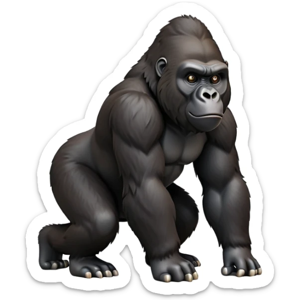 cinematic-gorilla-realistic-full-body-on all fours-emoji,-exuding-strength,-thick-dark-fur-in-the-light,-head-tilted-dramatically,-deep-dark-eyes-filled-with-intense-intelligence,-simplified-yet-realistic-focused-features,-highly-detailed,-glowing-with-an-almost-sarcastic-glow sticker