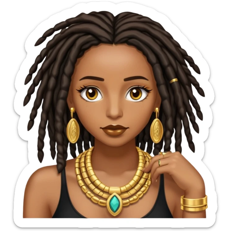 Brown skin women with black shoulder length locs, eyelashes and a lot of gold jewellery  sticker