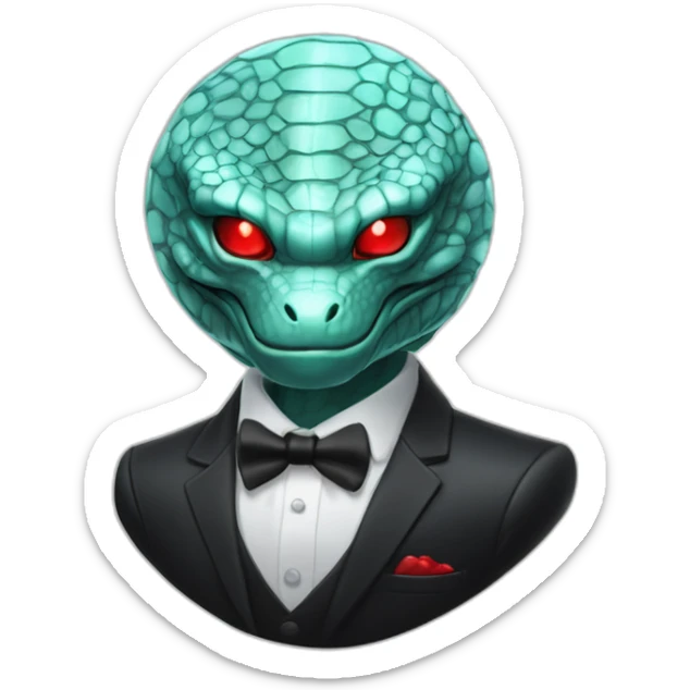 Aquamarine reptilian in classic black suite with red laser eyes on the middle of platinum coin sticker