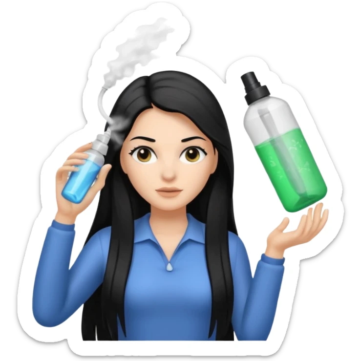 A white woman with long, straight black hair, holding a spray bottle in one hand and misting it toward her hair. sticker