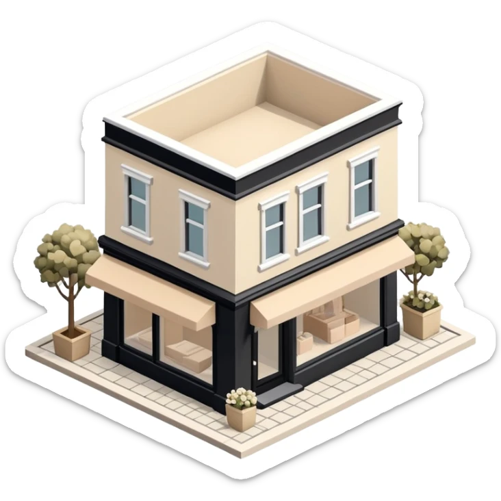 Isometric exterior little black, beige, and white clothing boutique, dollhouse style 3D realistic  sticker