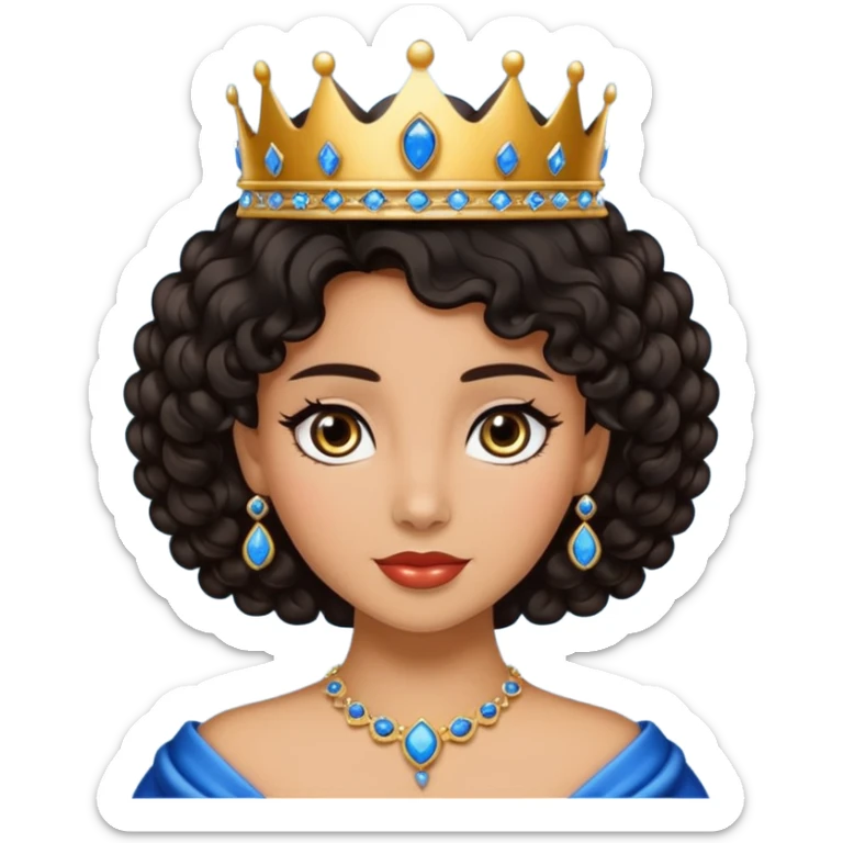 Por favor hazme el emoji de la princesa pero morena con el pelo negro y rizado, los ojos marrones y la corona plateada con jollas azules sticker