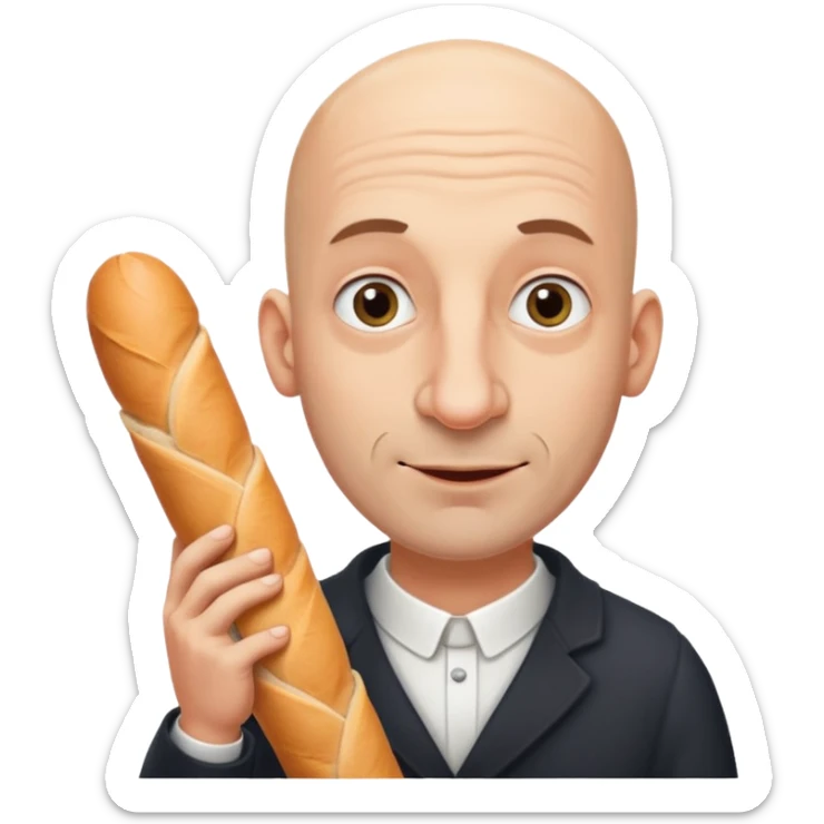 Generate me a bald Jewish man with a big nose holding a baguette sticker