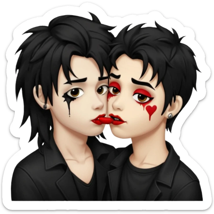 Laughing pale Goth boy with a bunch of face piercings, with shaggy dark brown hair, and messy black eyeliner , smudged, red, lipstick , kissing tan boy with long black hair  sticker