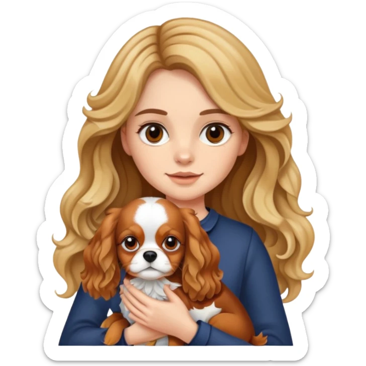 Girl with fair skin, long and brunette wavy hair with blonde highlights, holding a cavalier king dog sticker
