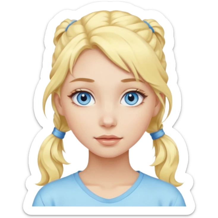 a girl with blue eyes, pastel yellow wavy hair in a ponytail, clean girl makeup sticker