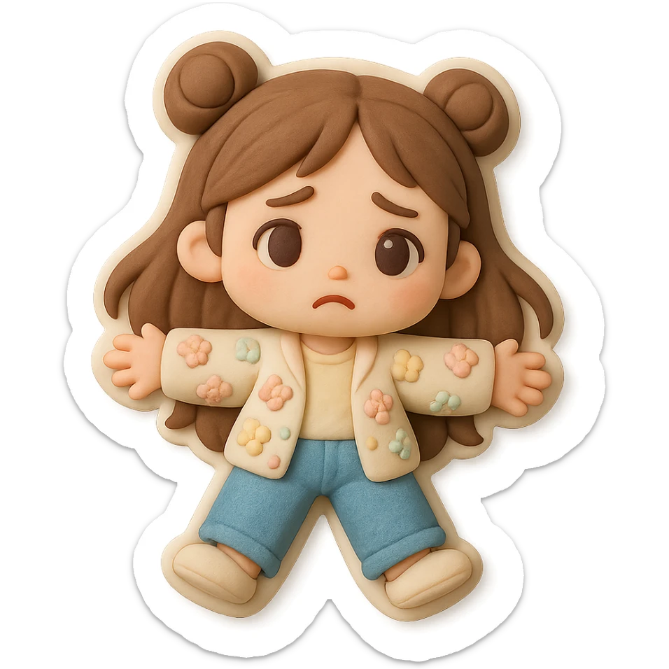 3D chibi girl in fondant cake art style, high-quality rendering with smooth shadows and soft gradients, long brown hair in two space buns, brown eyes, jeans, pastel floral cardigan, thick white outline like a sticker, transparent background, lying flat on the floor arms spread looking sad, preserve facial features from reference image sticker