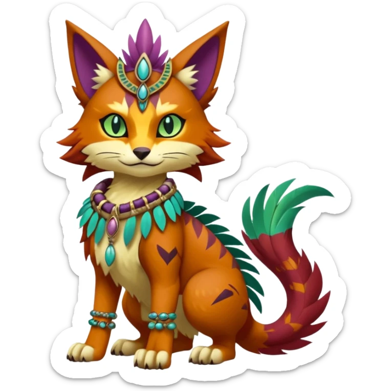 Kawaii cute reddish orangish yellowish greenish purplish exotic tribal beautiful pretty elegant divine edgy feline-vernid-sergal-Fakémon-Pokémon-Digimon-fursona-animal-creature with bracelet, necklace, full body, with intricate detailed markings, feather headdress  sticker