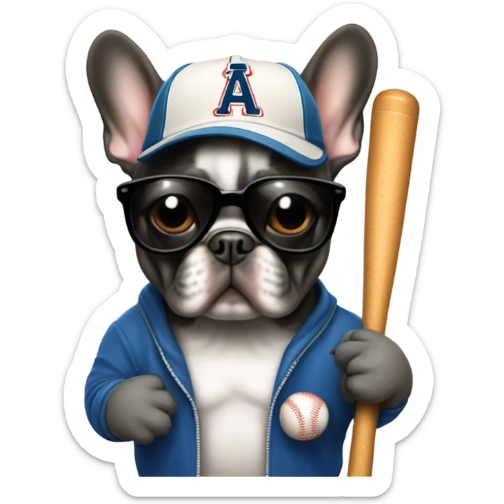 A French bulldog with a baseball bat and a baseball cap on with dark sunglasses sticker