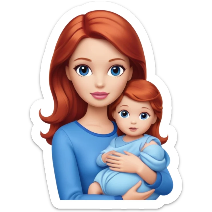 A barbie girl with makeup with brown hair with a baby, a daughter, a girl with red hair, holding her hand in blue clothes sticker