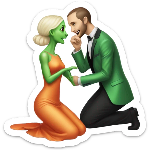 alien reptilian green skin woman,long slim pastel orange formal party satin dress with gradient shiny sparkling dark red, and caucasian man in black dres on his knees asks her to marry her sticker