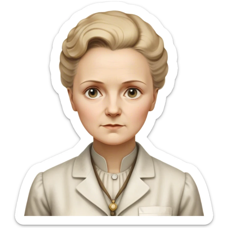 Cinematic Realistic Marie Curie Portrait Emoji, depicted as a pioneering scientist with a determined gaze in period attire, rendered with detailed textures and soft intellectual lighting that captures her groundbreaking legacy. sticker