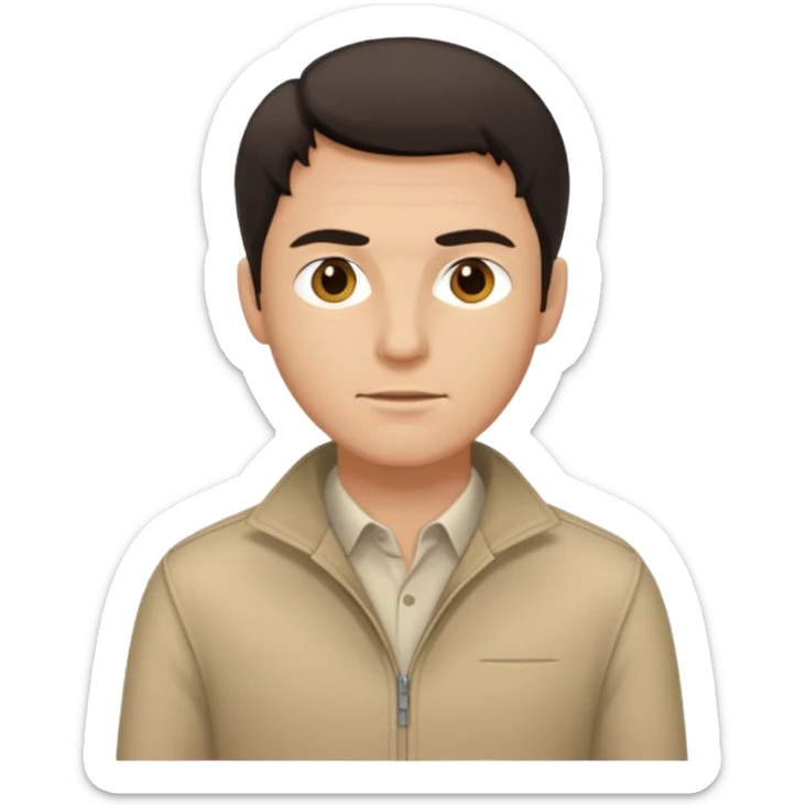 A white man with dark hair and beige clothes sticker