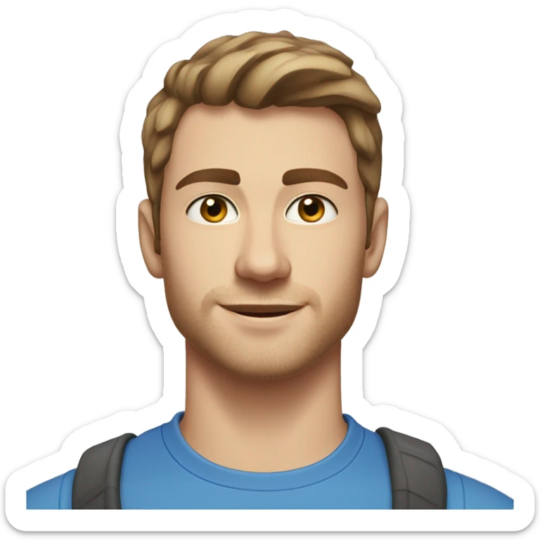 A head and shoulders shot of a 22 year old Caucasian man, with short brown hair, with stubble facial hair,   with blue eyes wearing a t-shirt. sticker