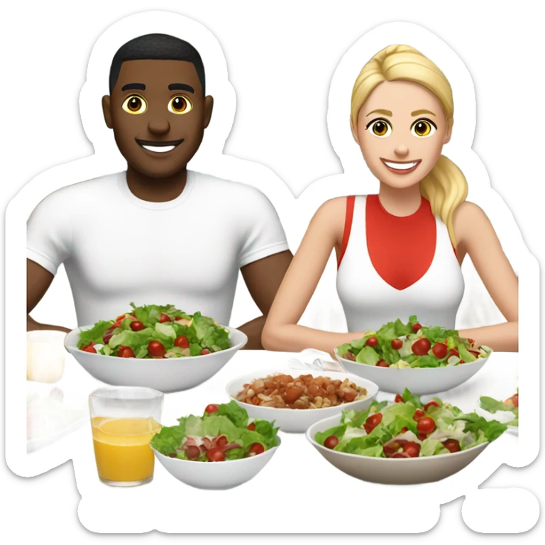 emoji Sporty white couple, man and woman in sportswear, sitting at Christmas holiday dinner table only salads sticker