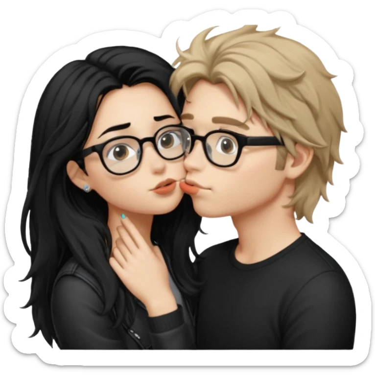  garçon avec les cheveux brun très clair ébouriffés, qui embrasse une fille avec les cheveux noir long qui a des traits d’eye-liner, des lunettes noir et un piercing au nez sticker