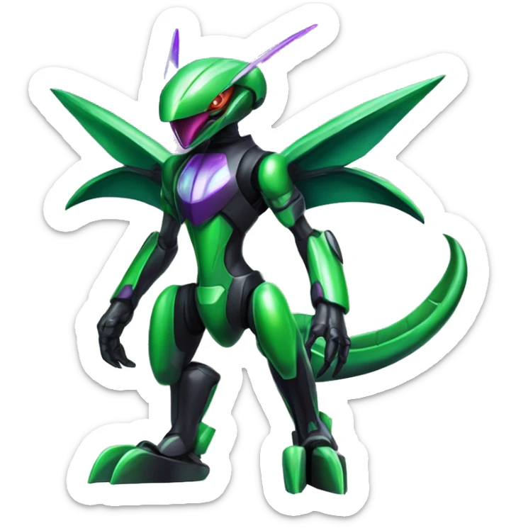a shiny black-green-purple Genesect-Flygon-Raptor-Fakémon-Medabot-hybrid with a futuristic visor-helmet full body sticker