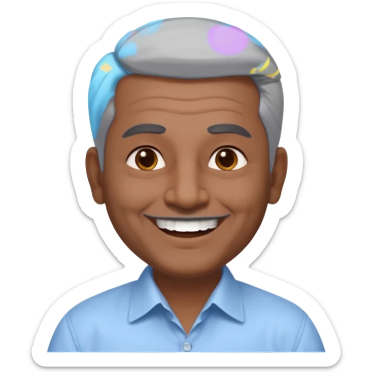 50 yr old indian man, dark skin, grey hair, big smile, white teeth, chubby, no moustache, clean shaven, young style hair, hair brushed back, 5 oclock shadow, bindy on forehead, dress shirt sticker