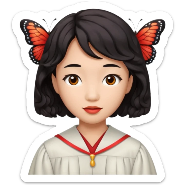 Graduate red asian black hair with wavy butterfly haircut sticker