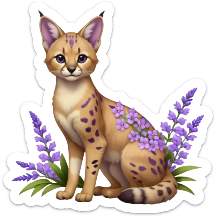 Realistic wild real life cute cool beautiful gorgeous floral pastel-lilac-violet-lavender caracal-serval-civet-genet-hybrid-animal-Fakémon-fursona photo IRL outside (full body) sticker