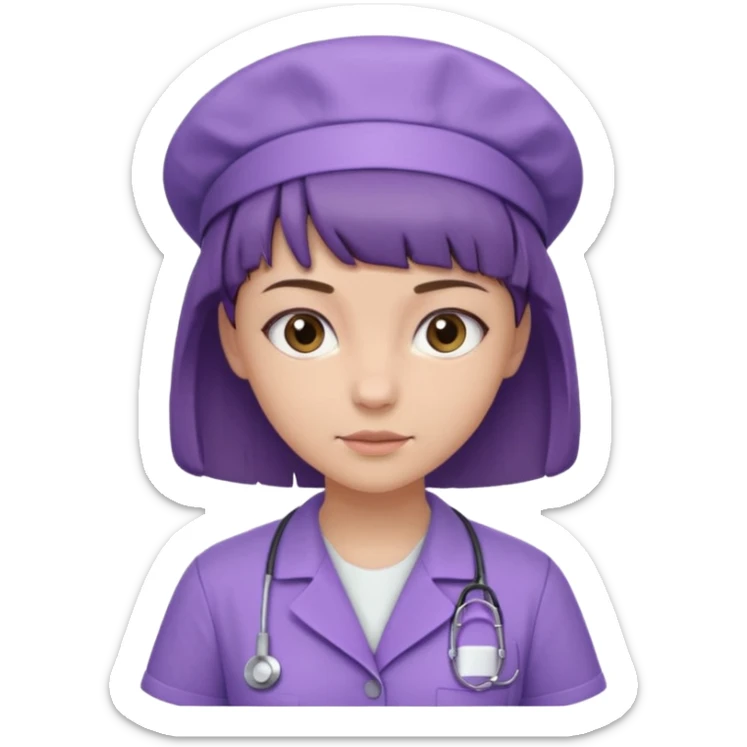 A young female slim nurse with short Brown hair with fringe over her forehead, wearing larvendar purple working cloth only no cap on her hair sticker