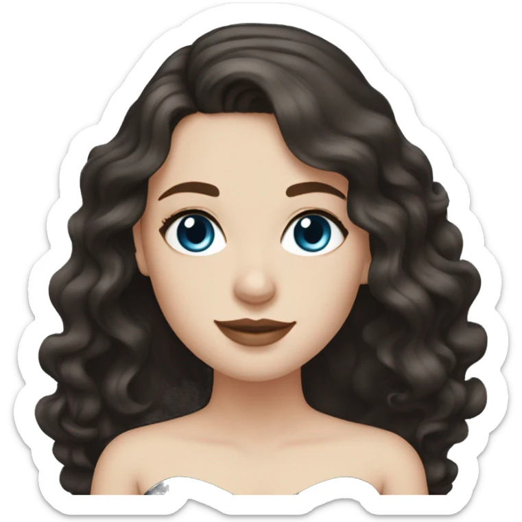 White Girl with wavy dark brown long hair, blue eyes in a black wedding dress sticker